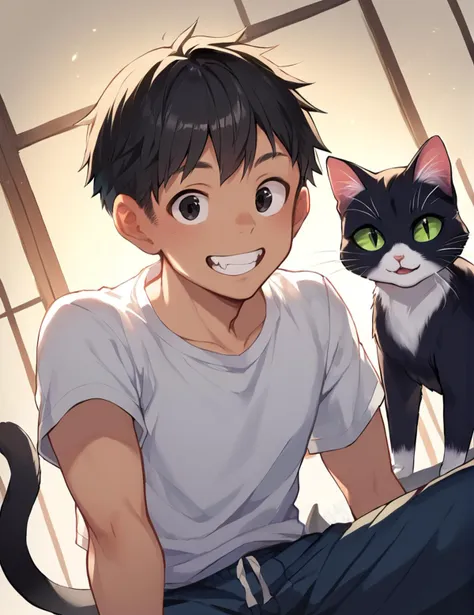 anime boy sitting on the floor with a cat on his lap