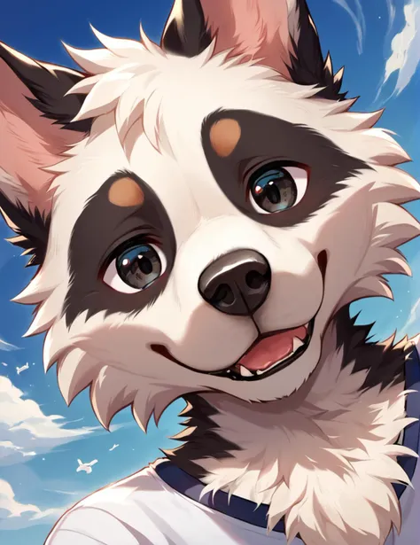 anime dog with a white shirt and black ears and a blue sky