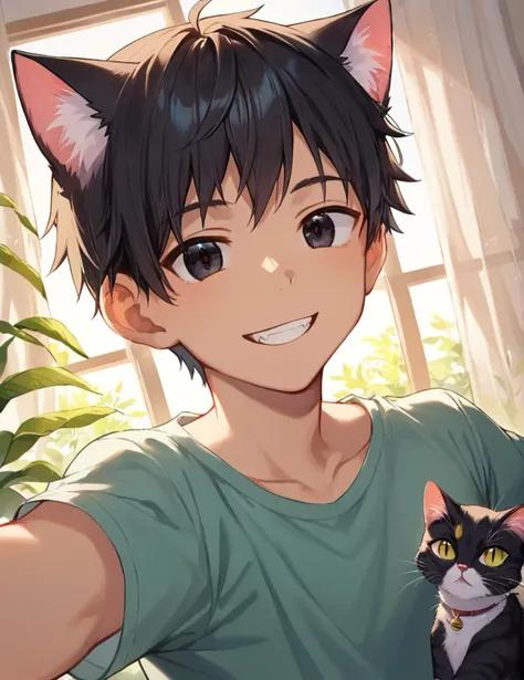 anime boy with cat ears and green shirt holding a black and white cat