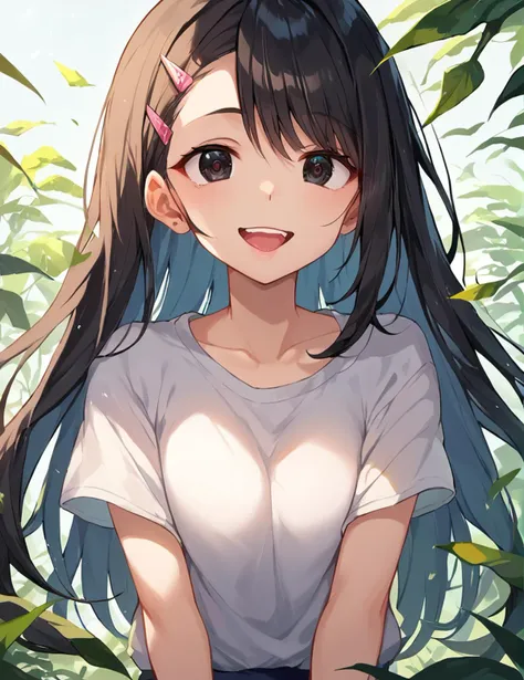 anime girl with long hair and white shirt sitting in a tree