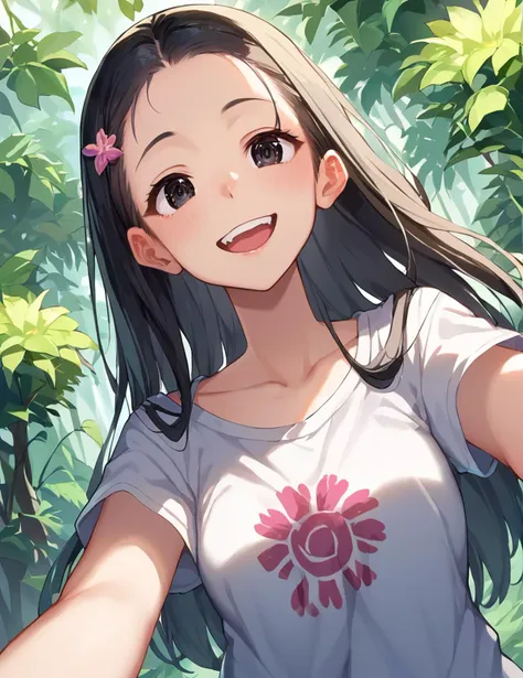 anime girl with long hair and a white shirt with a flower on it