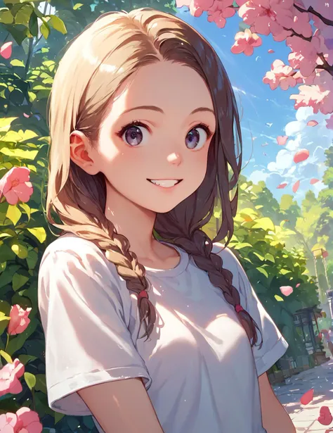 a girl with long hair standing in front of a flowering tree