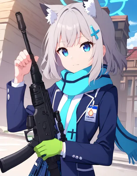 anime girl with gun in hand and blue outfit in front of building