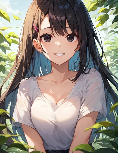 anime girl with long hair and white shirt in the woods