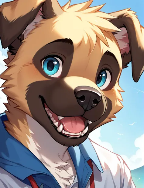 anime dog with blue eyes and a sailor outfit on