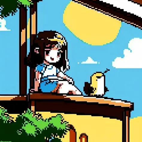 pixel art, illustration, young girl, windowsill,cartoonish and whimsical.<lora:pixelart:1>