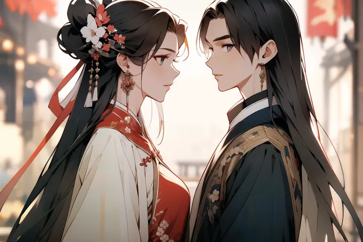 anime couple in traditional dress looking at each other