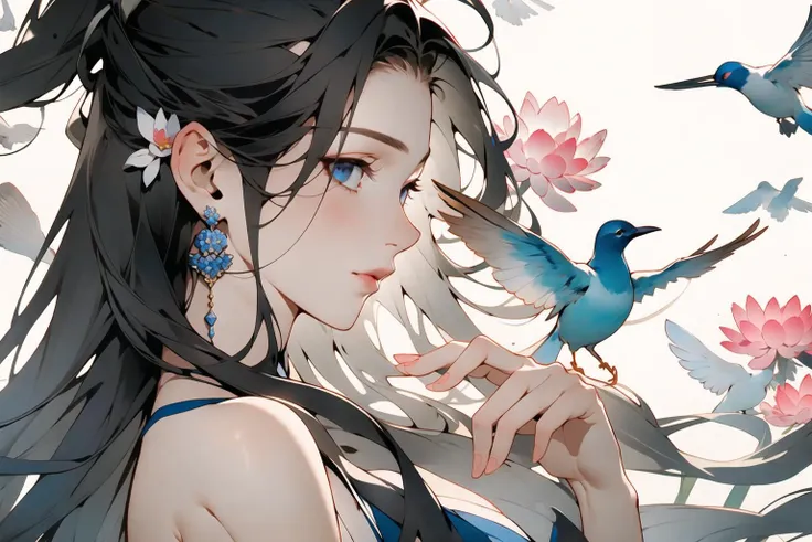 anime girl with long black hair and blue eyes holding a bird