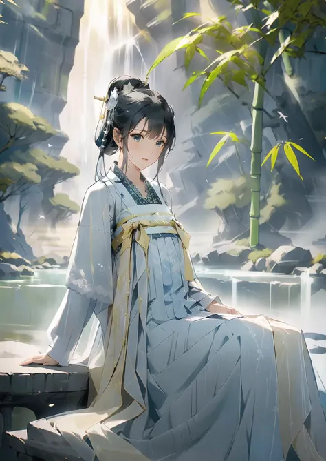 1girl,solo,(Bright eyes),(Blue and white pleated skirt,White Uesugi,Yellow lace),,Clear facial features,outdoor,,hanfu,<lora:hanfuTang_v35:0.6>,bamboo forest,Stone bench,Stone table,musical instrument,grassland,earth,rivers,Far Mountains,Birds and beasts,h...