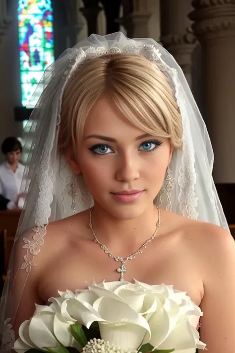 a woman with blue eyes and blonde hair inside a church the style of wedd00ing  <lora:Wedding-Style:1>