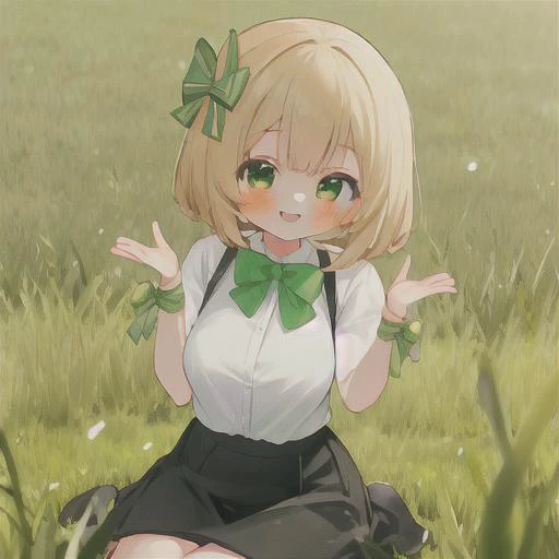 masterpiece, 8k wallpaper, best quality, 1girl, MejiroMcQueen, <lora:MejiroMcQueen>, smile, blush, looking at the viewer, grass, black skirt:1, green bow tie,