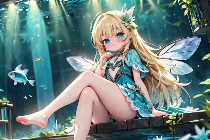 (masterpiece:1.2), (Best quality:1.2), (highres:1.2), (scenary:1.2), Dynamic light, 4k, 8k, 1girl, blonde hair, blue eyes, very long hair, wings, chibi, fairy dress, cute, adorable, blue theme, (Sitting in high place:1.2), Crossed legs, bare legs, Feet, ha...