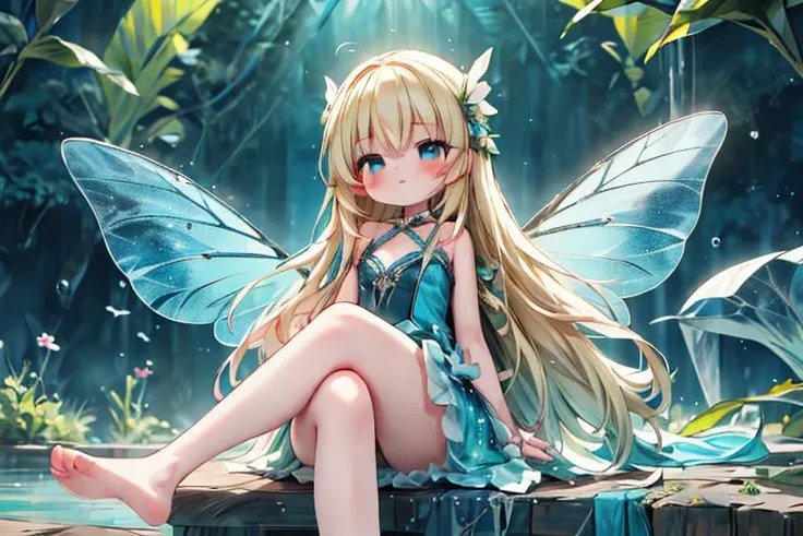 (masterpiece:1.4), (Best quality:1.2), (highres:1.2), (scenary:1.2), Dynamic light, 4k, 8k, 1girl, blonde hair, blue eyes, very long hair, fairy wings, chibi, fairy dress, cute, adorable, blue theme, Sitting in high place, Crossed legs, bare legs, Feet, Fi...