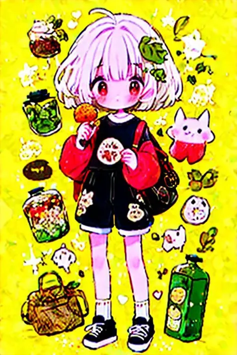 masterpiece, best quality cute doodle, 1girl, shoes, solo, sweater, heart, white hair, short hair, long sleeves, shorts, yellow background, black footwear, black shorts, red eyes, socks, holding, food, leaf, blush, bottle, hair ornament, full body, standin...