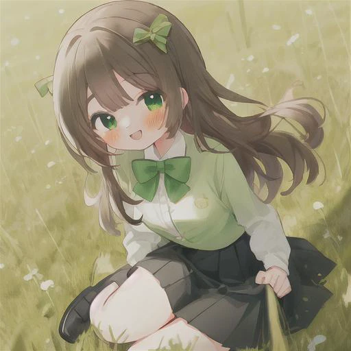 masterpiece, 8k wallpaper, best quality, 1girl, MejiroMcQueen, <lora:MejiroMcQueen>, smile, blush, looking at the viewer, grass, black skirt:1, green bow tie,