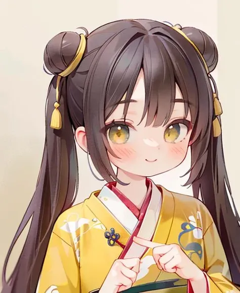 anime girl in a yellow kimono with a green purse