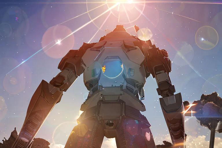 a close up of a robot standing in front of a sky