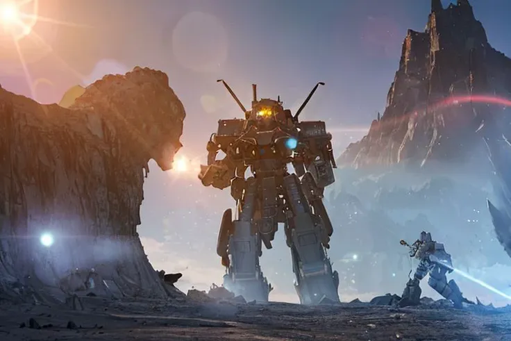 a close up of a robot standing in front of a mountain