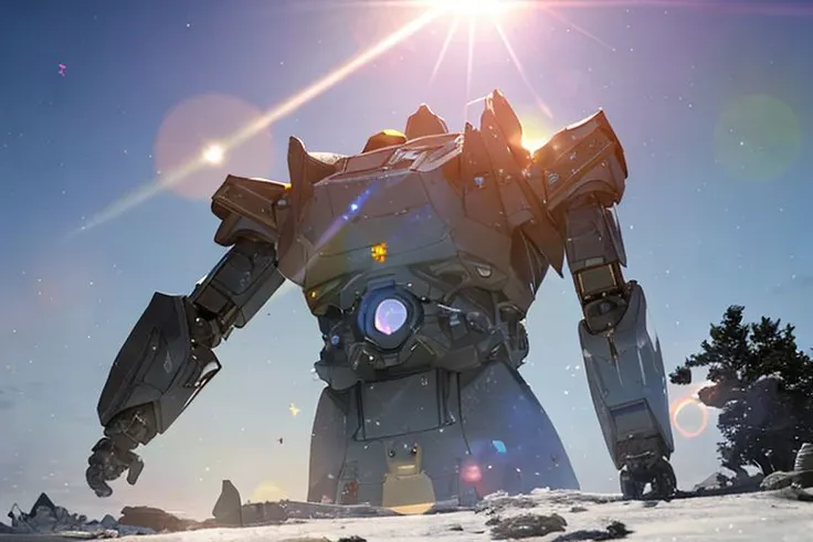 a close up of a giant robot standing in the snow