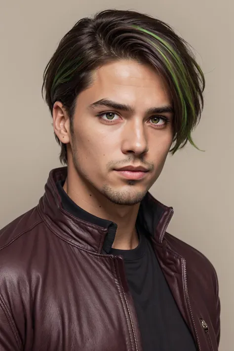 a man with a green hair and a brown jacket