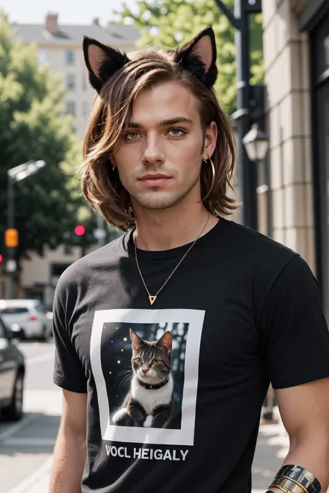 arafed man with cat ears and a t - shirt with a picture of a cat