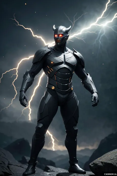 a man in a black suit standing on a rock with lightning in the background