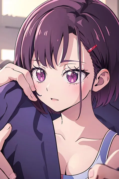 anime girl with purple eyes and purple hair holding a cell phone