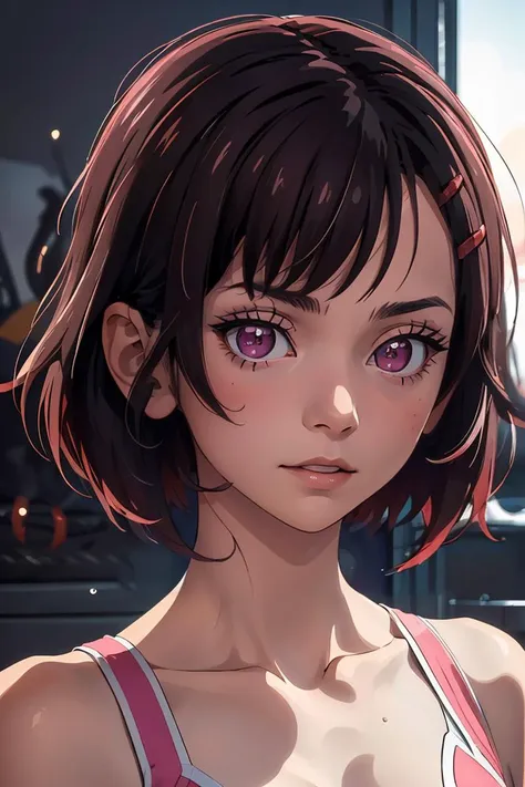 anime girl with short hair and pink bra top looking at camera