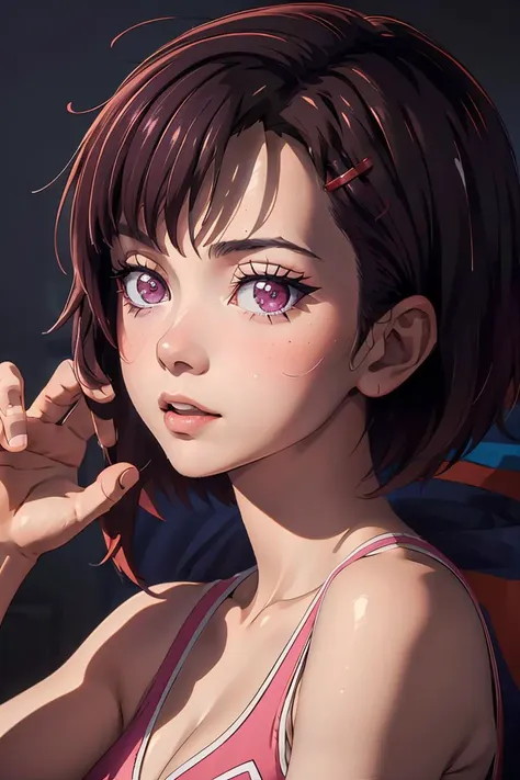 anime girl with short brown hair and pink top holding cell phone