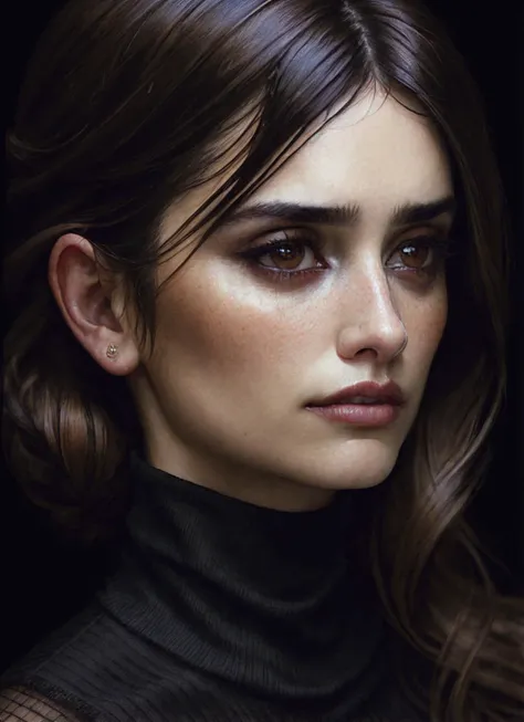 A stunning intricate full color portrait of (sks woman:1), wearing a black turtleneck, epic character composition, by ilya kuvshinov, alessio albi, nina masic, sharp focus, natural lighting, subsurface scattering, f2, 35mm, film grain, <lora:locon_penelope...