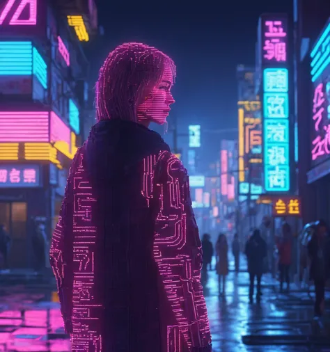 ascii art of a woman in a city street with neon signs, city lights:0.8, solitude:0.6, futuristic atmosphere:0.7, cinematic shot:0.9, ascii_art, <lora:ascii_art-sdxl:0.8>