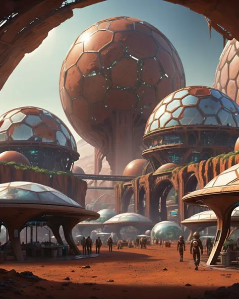 cinematic SCI-FI environment,  Massive geodesic domes protect a terraformed Martian city, with bustling markets and domed parks amidst the rusty landscape. , cyber sci-fi , <lora:Sci-fi_Environments_sdxl:0.8> , photorealistic, movie