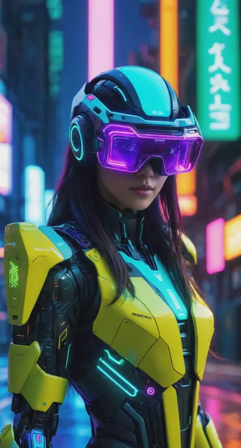 derpd, 1girl, solo, bodysuit,jacket, background, neon color, science fiction,(cyberpunk),absurdres, highres, ultra detailed, head-mounted display,vr, atmospheric,  robot, cyborg, 8k unreal engine render, inside an intricate city full of neons, action shot,...