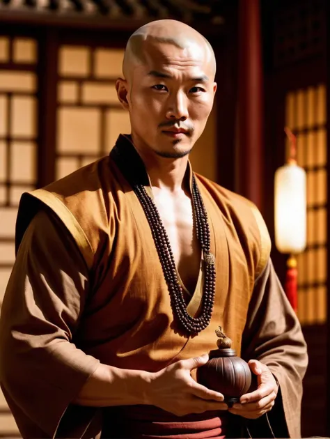 cinematic film still a ancient chinese kung fu monk in monk outfit with muscular body and bald head, he is wearing brown single bead necklace BREAK and black bead bracelet BREAK , he is holding a gourd shape bottle of spicy wine. he is surround by Sorghum,...