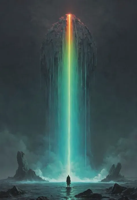 a man standing in front of a waterfall with a rainbow light coming out of it