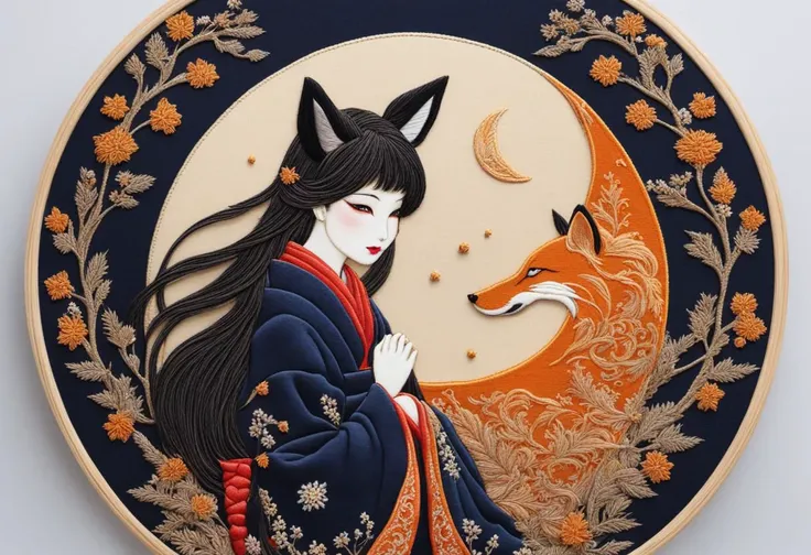 kitsune, 1woman, forest night, harvest moon, filigree embroidery