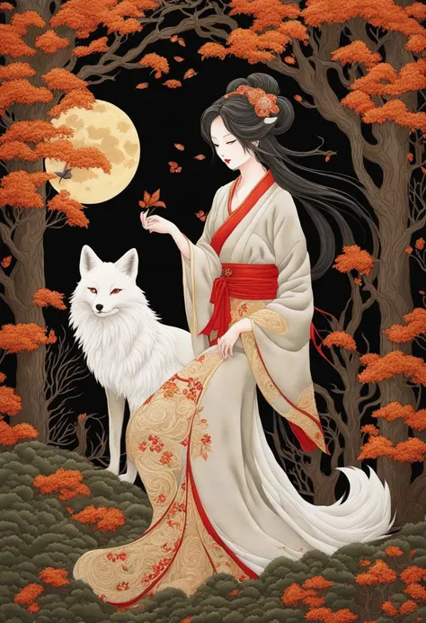 kitsune, 1woman, forest night, harvest moon, filigree embroidery, dynamic composition