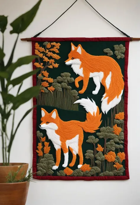 kitsune, 1woman, forest night, harvest moon, embroidered wall hanging, dynamic composition, displayed in cafe