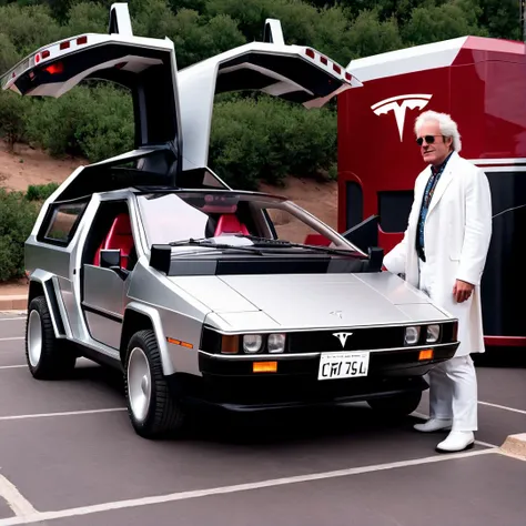 (Marty McFly), alongside scientist friend Dr. Emmett Brown, preparing to board a time-traveling car modified from (a Tesla Cybertruck:2), in the movie Back to the Future