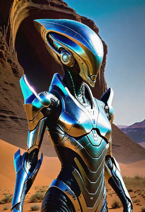 alien god ,a woman in a shiny suit standing in the desert robotic, <lora:alien_god_V2:1.0> mass effect Andromeda background intricate, absolutely real photo