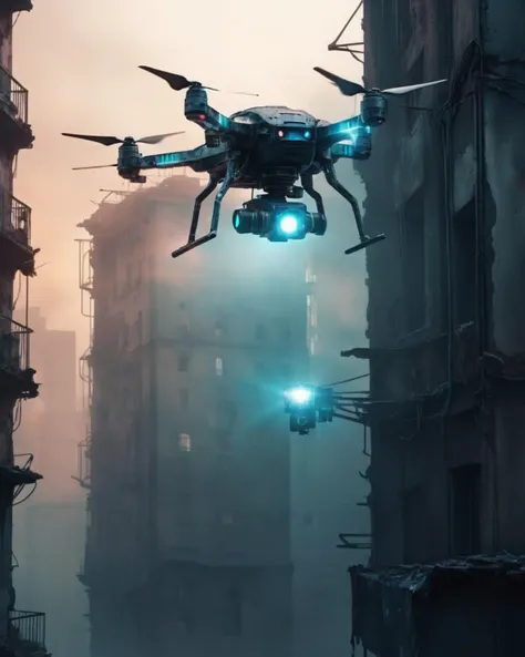 Hovering police drone, its searchlight cutting through the urban haze, casting a stark, synthetic glow on the crumbling facade. , cyberpunk style