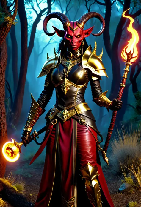 slender,petite,Tiefling warlock,infernal pacts,bright red skin,horns and tail,sharp yellow eyes,leather armor with metal accents,holding a skull-topped staff imbued with dark magic. she wear Herbalists clothing,knowledgeable,remedy creator,helping others h...