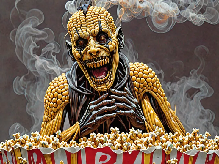 no humans, minimalism, cartoon, burning melting corn, horror, body horror, smile from ear to ear, corn kernels, popcorn, fire background, thick smoke, aesthetic, iridescent glare gradient, by Franklin Booth, surreal, composition, high image clarity