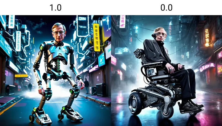 cyberpunk style, stephen hawking, cyborg, complex robot<lora:cyberpunk_XL:1.0>, , street, night, dynamic pose