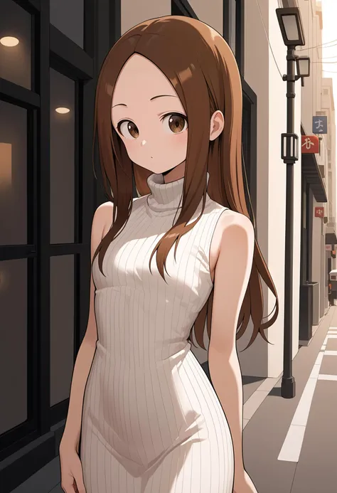 anime girl in white dress walking down a city street