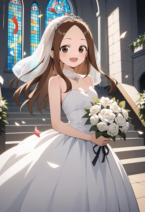 anime bride in white wedding dress holding bouquet in front of church