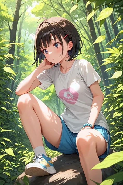 score_9,  best quality,
1girl,summer,nature,leaf,t-shirt,action