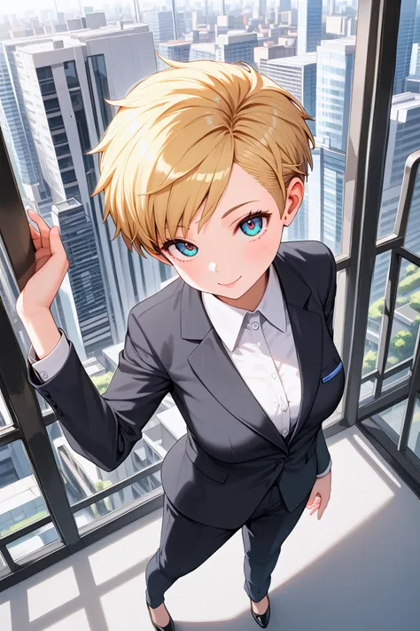 score_9,  best quality,dynamic,from above,
1girl,city,blonde hair,pixie hair,looking at viewer,business suit