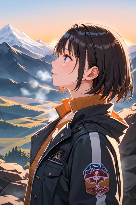 score_9,  best quality,
1girl,mountain,steam,jacket,from side,upper body,sunrise,lookup