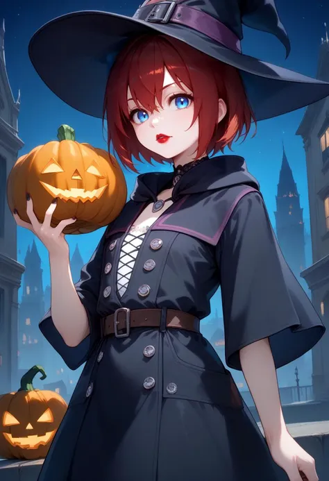 1girl, solo, short hair, red hair, blue eyes, bangs, hair between eyes,  witch hat, black outfit, gothic lipstick, dark city, ni...